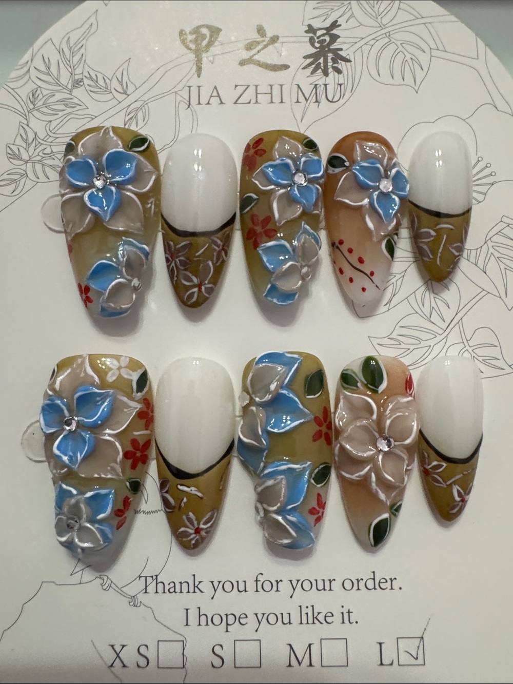 Hand-Painted Blue 3D Floral Press-On Nails